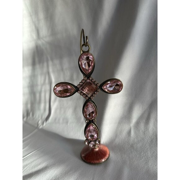 Kirklands Pink With Gold/Brass Colored Stone Cross With Pink/Metal Stand Holder - Picture 9 of 16